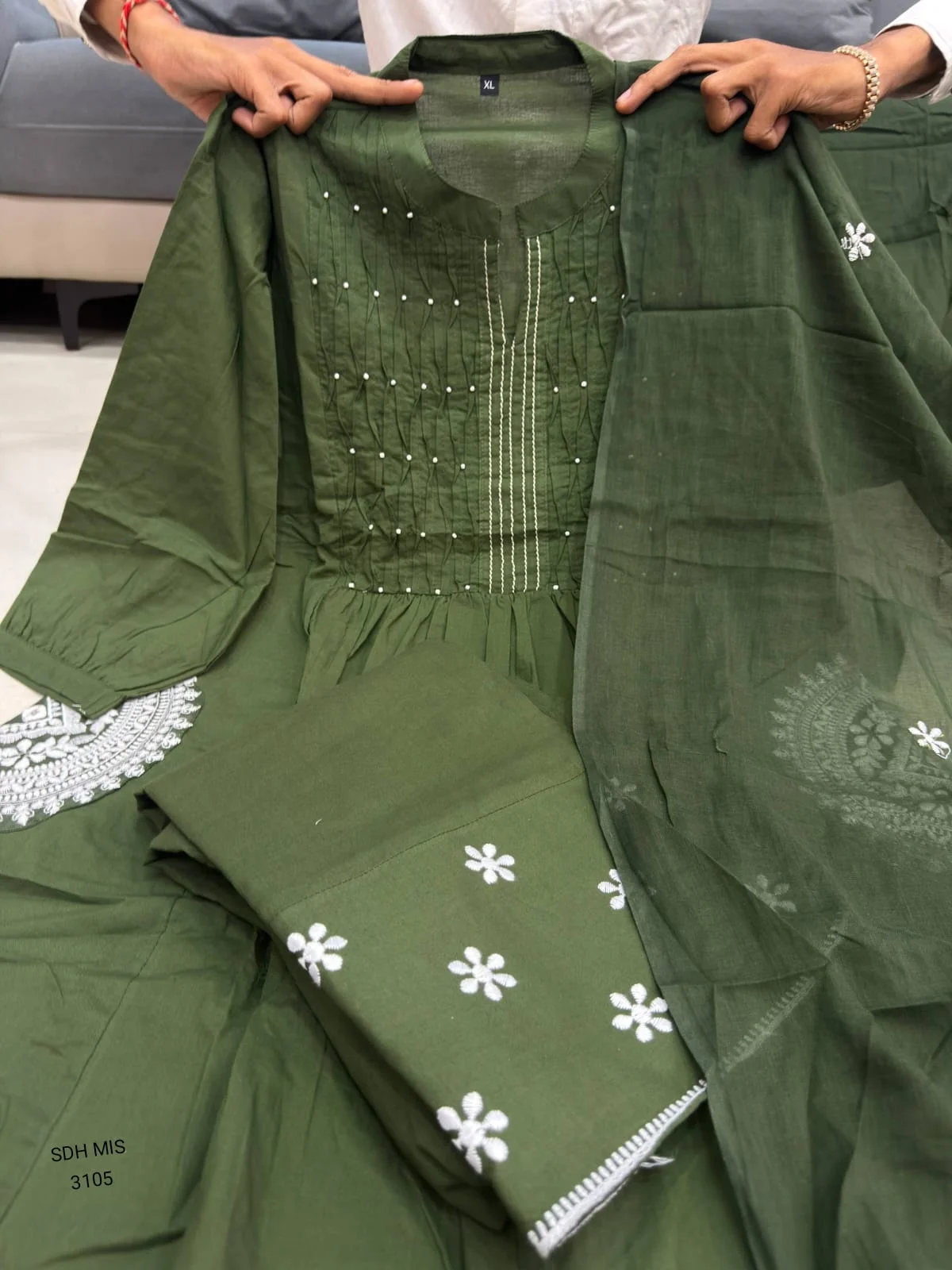 Olive Green Cotton Blend Three Piece Suit Set with White Floral Embroidery